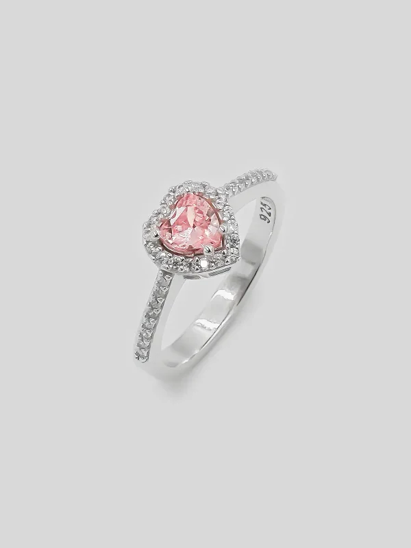 Silver Ring with Pink Heart Stones - Women Silver Ring