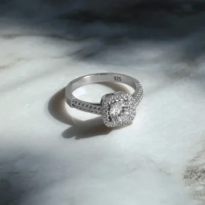 Round Stone Square Halo Ring - Women Silver Ring