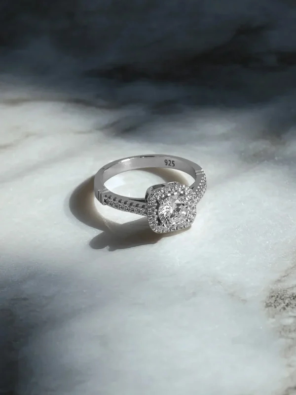 Round Stone Square Halo Ring - Elenis Collection Round Stone Square Halo Ring - Women Silver Ring