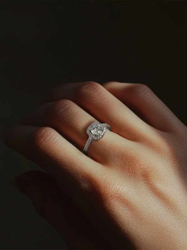 Round Stone Square Halo Ring - Women Silver Ring