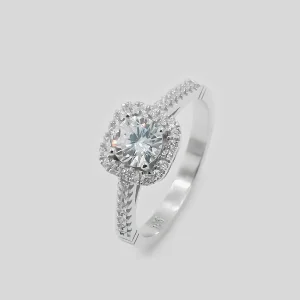 Round Stone Square Halo Ring - Women Silver Ring