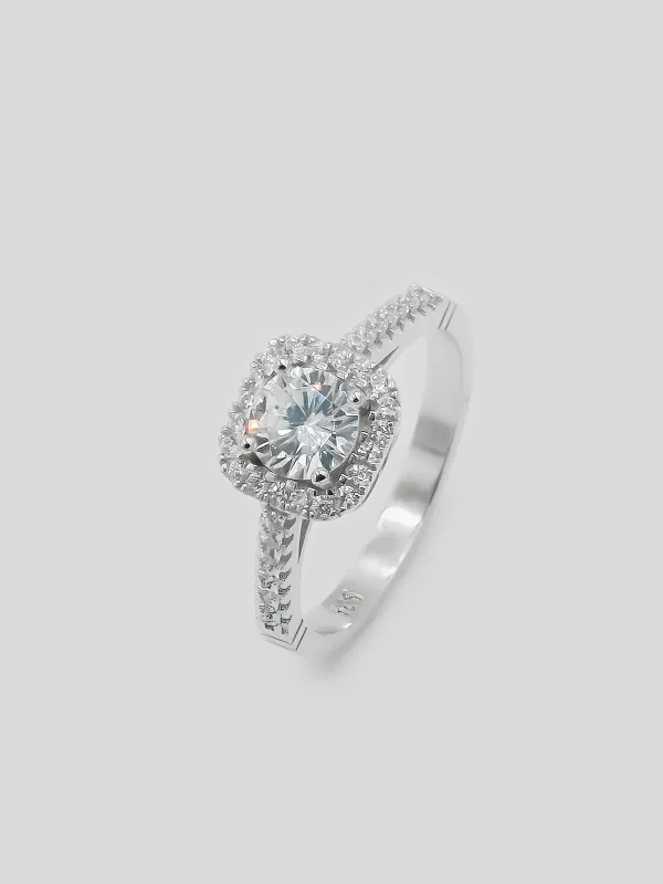 Round Stone Square Halo Ring - Women Silver Ring