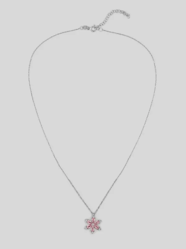 Lotus Flower Herbarium Silver Necklace with Pink Stones - Women Silver Necklace