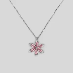 Lotus Flower Herbarium Silver Necklace with Pink Stones - Women Silver Necklace