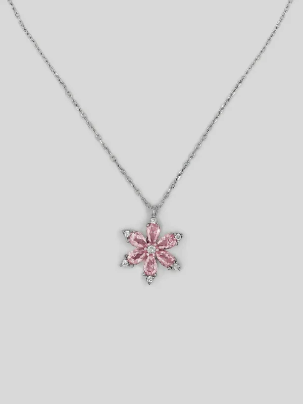 Lotus Flower Herbarium Silver Necklace with Pink Stones - Elenis Collection Lotus Flower Herbarium Silver Necklace with Pink Stones - Women Silver Necklace
