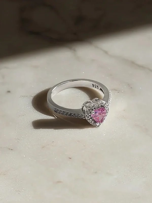 Pembe Kalp Taşlı Gümüş Yüzük - Elenis Collection Silber Ring mit rosa Herz Stein - Frauen Silber Ring